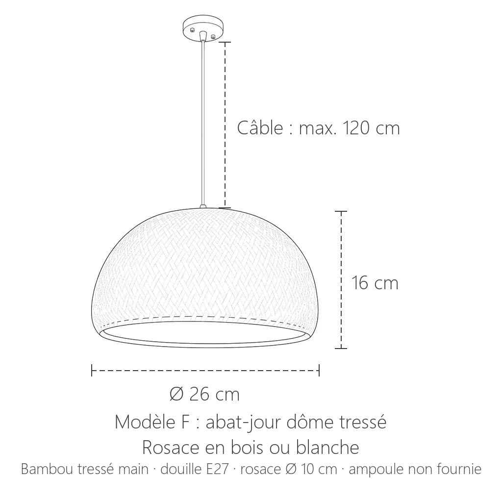 Dimensions de la suspension bambou tressé modèle F : Ø 26 cm, hauteur 16 cm