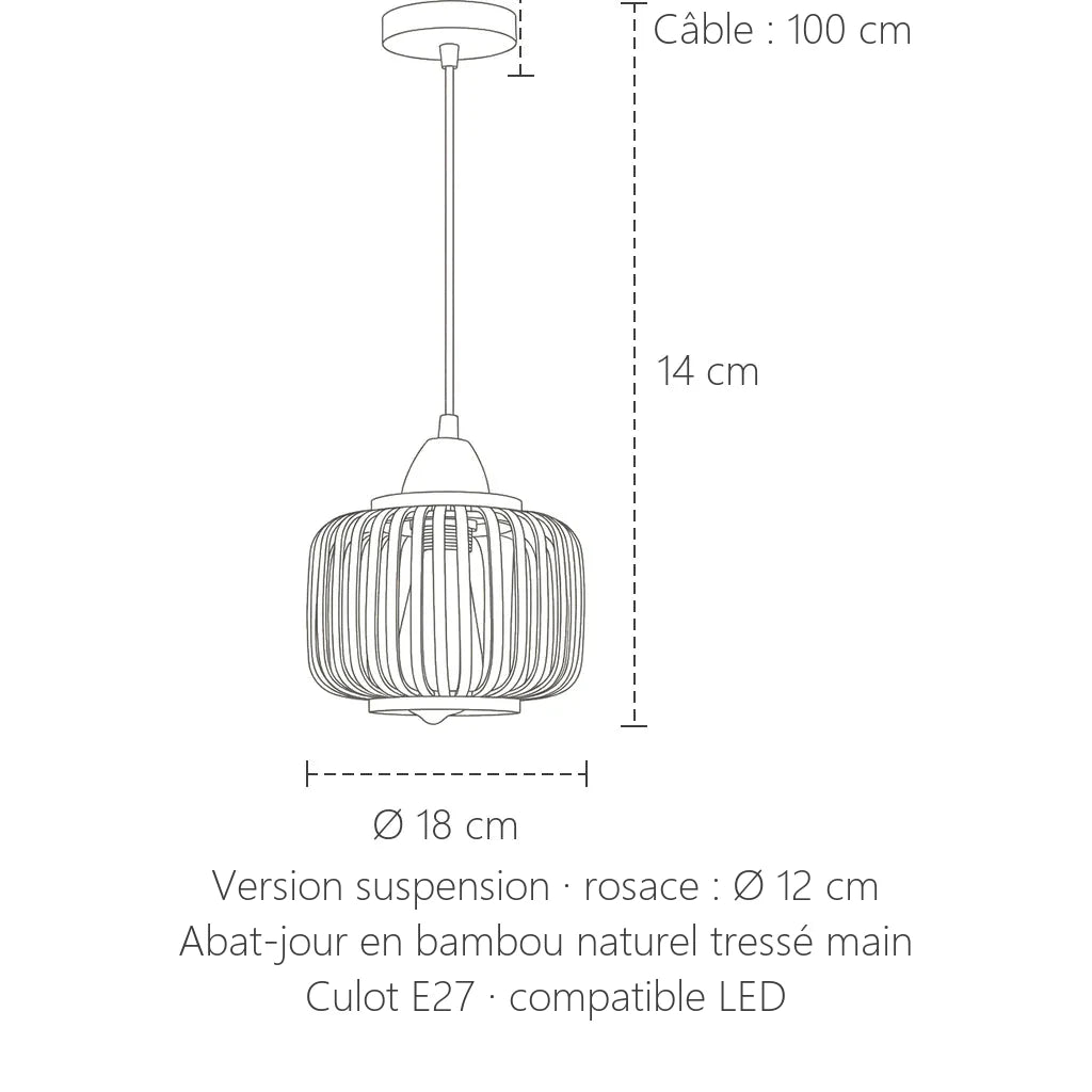 Dimensions de la suspension en bambou tressé : Ø 18 cm, câble 100 cm