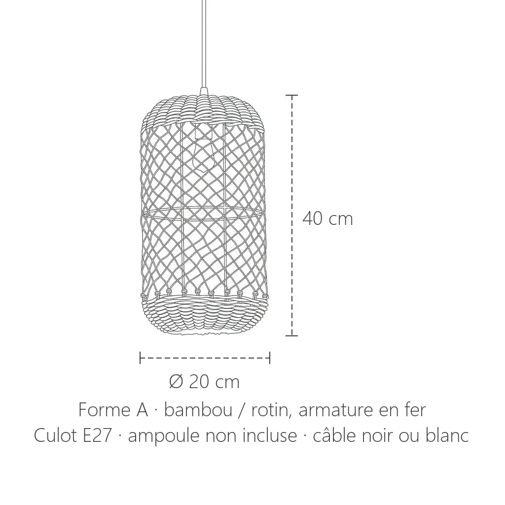 Dimensions de la suspension en bambou tressé, forme A : Ø 20 × 40 cm