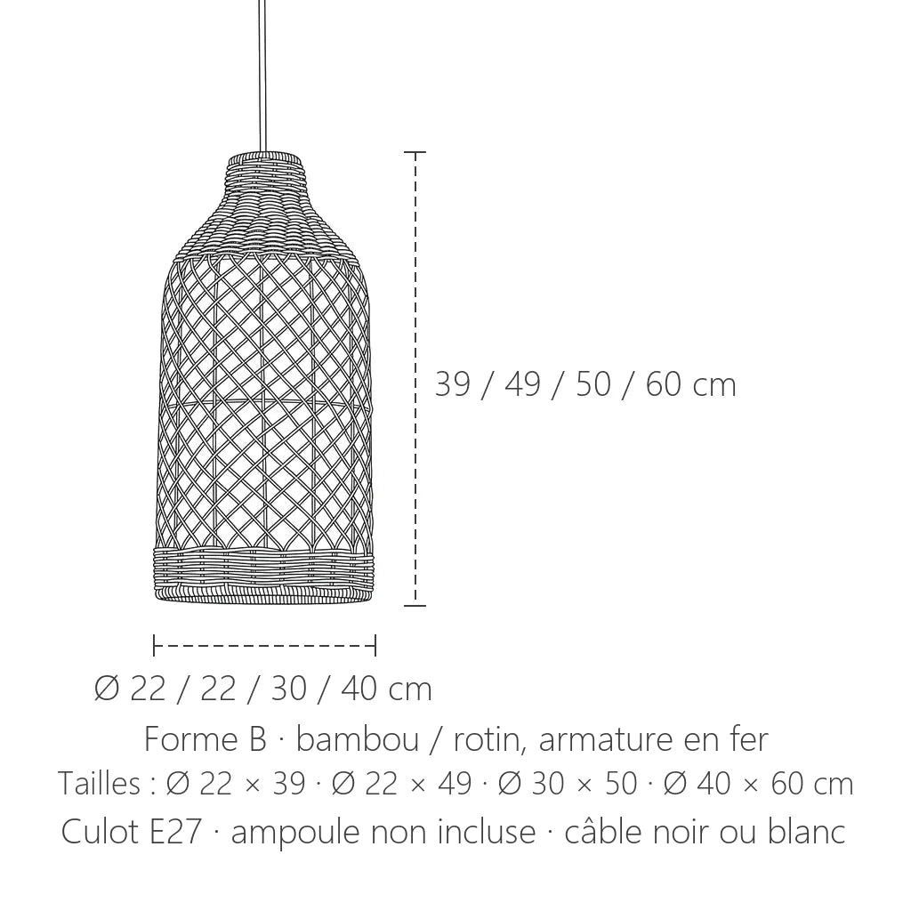 Dimensions de la suspension en bambou tressé, forme B : Ø 22 à 40 cm, 39 à 60 cm de haut