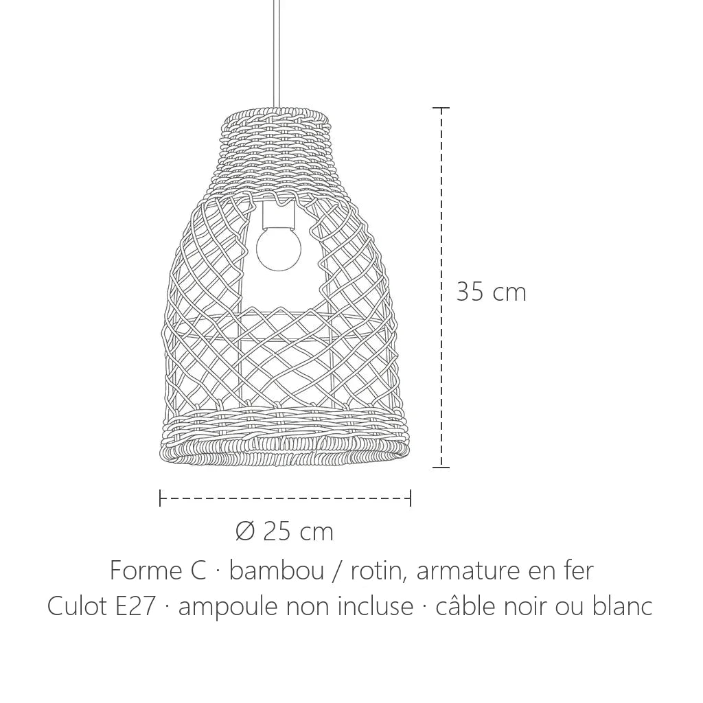 Dimensions de la suspension en bambou tressé, forme C : Ø 25 × 35 cm