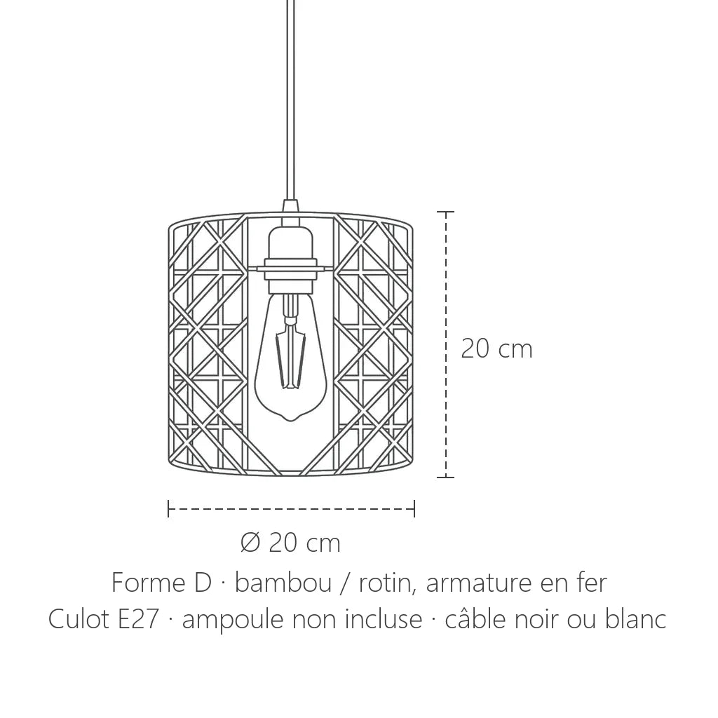 Dimensions de la suspension en bambou tressé, forme D : Ø 20 × 20 cm