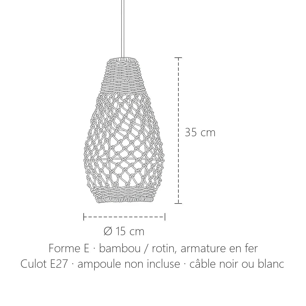 Dimensions de la suspension en bambou tressé, forme E : Ø 15 × 35 cm