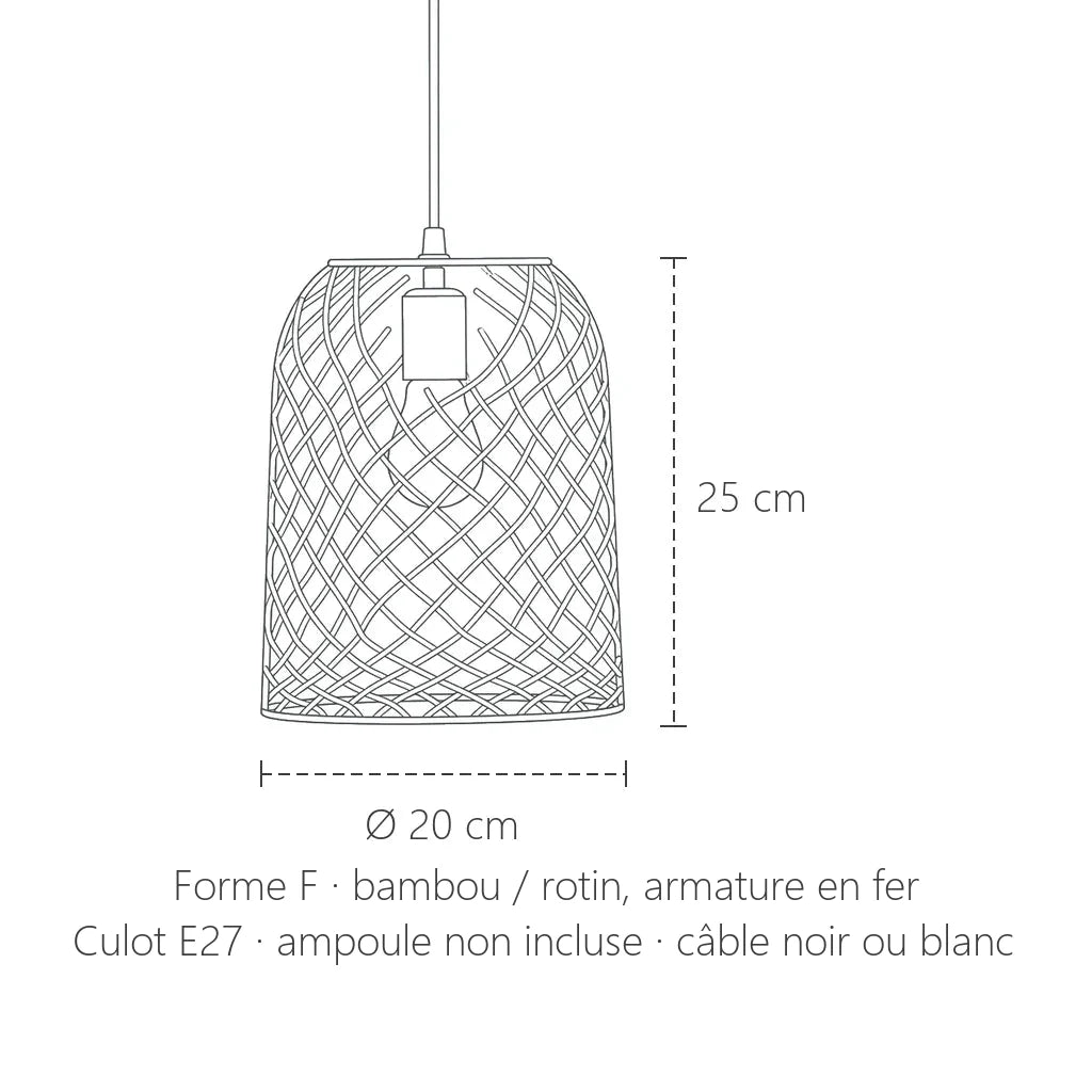 Dimensions de la suspension en bambou tressé, forme F : Ø 20 × 25 cm