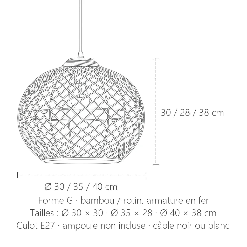Dimensions de la suspension en bambou tressé, forme G : Ø 30 à 40 cm