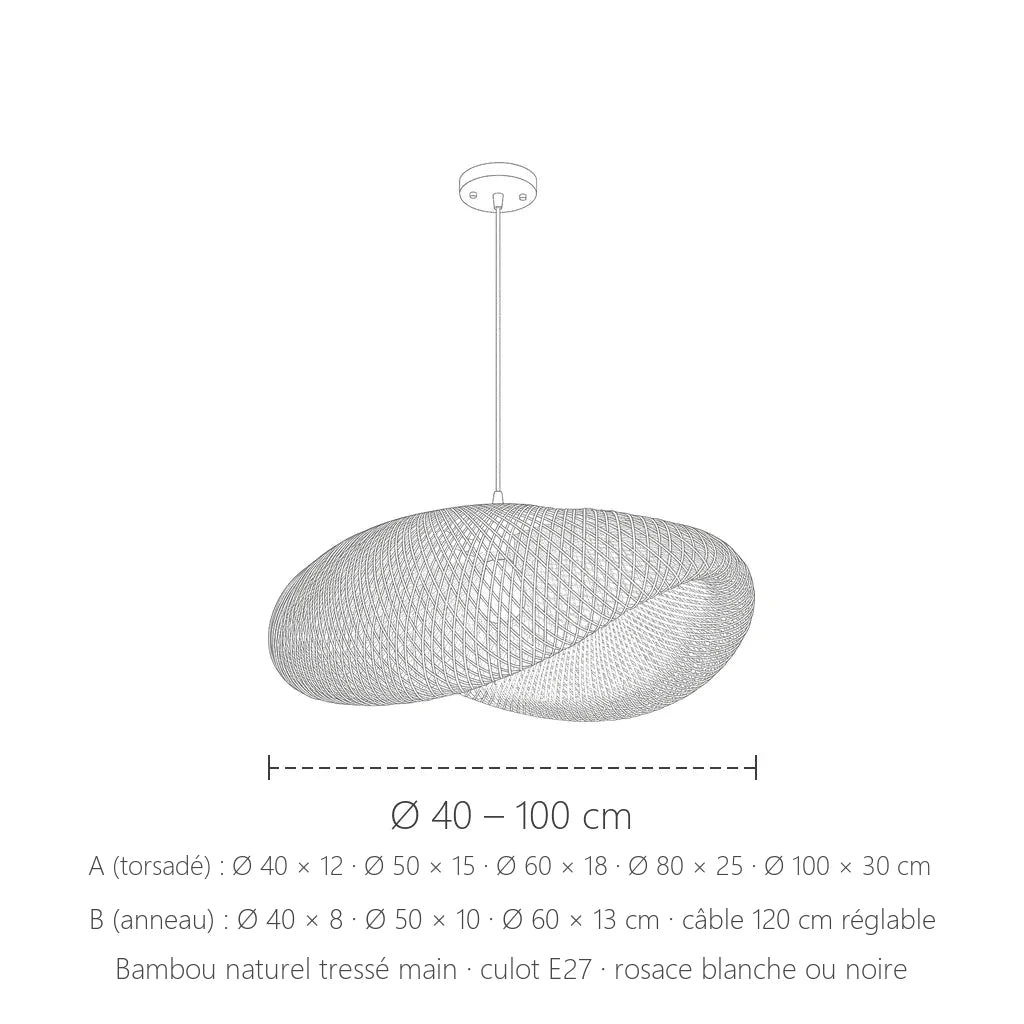 Dimensions de la suspension en bambou tressé : Ø 40 à 100 cm