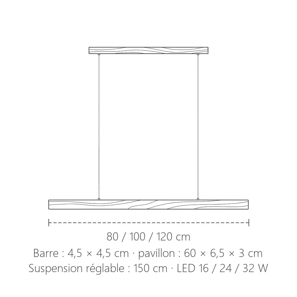Dimensions de la suspension barre LED en bois : 80, 100 ou 120 cm