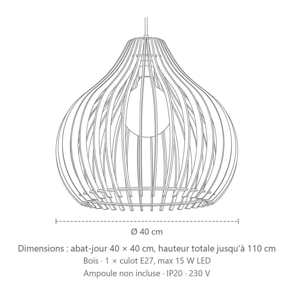 Dimensions : suspension bois naturel forme bulbe, abat-jour 40 × 40 cm, hauteur totale jusqu’à 110 cm