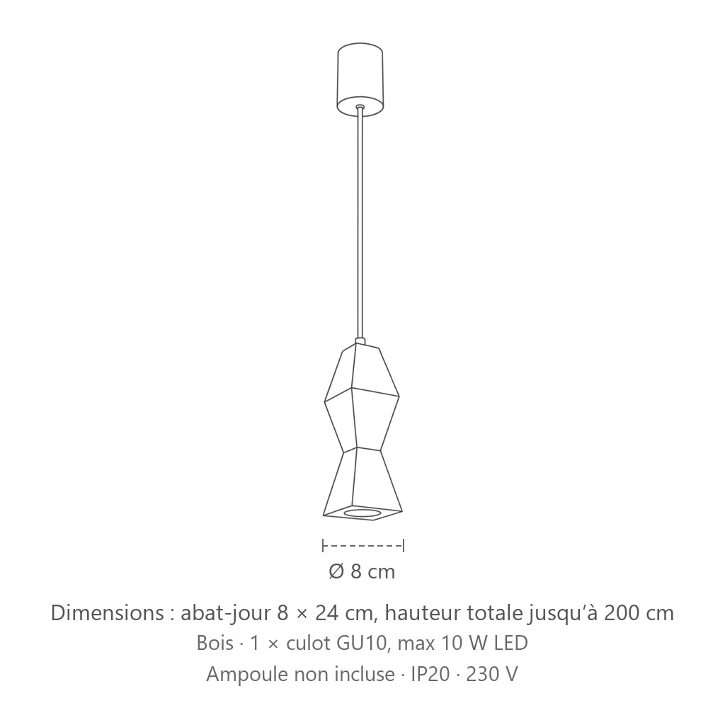 Dimensions : suspension en bois tourné (Carré – 8 × 8 × 24 cm), abat-jour 8 × 24 cm, hauteur totale jusqu’à 200 cm