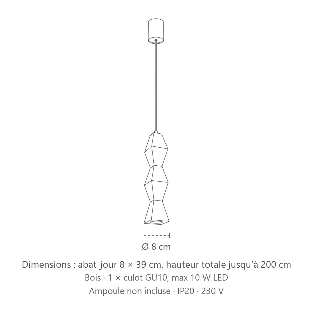 Dimensions : suspension en bois tourné (Carré – 8 × 8 × 39 cm), abat-jour 8 × 39 cm, hauteur totale jusqu’à 200 cm