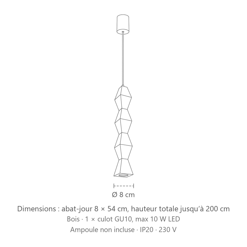 Dimensions : suspension en bois tourné (Carré – 8 × 8 × 54 cm), abat-jour 8 × 54 cm, hauteur totale jusqu’à 200 cm