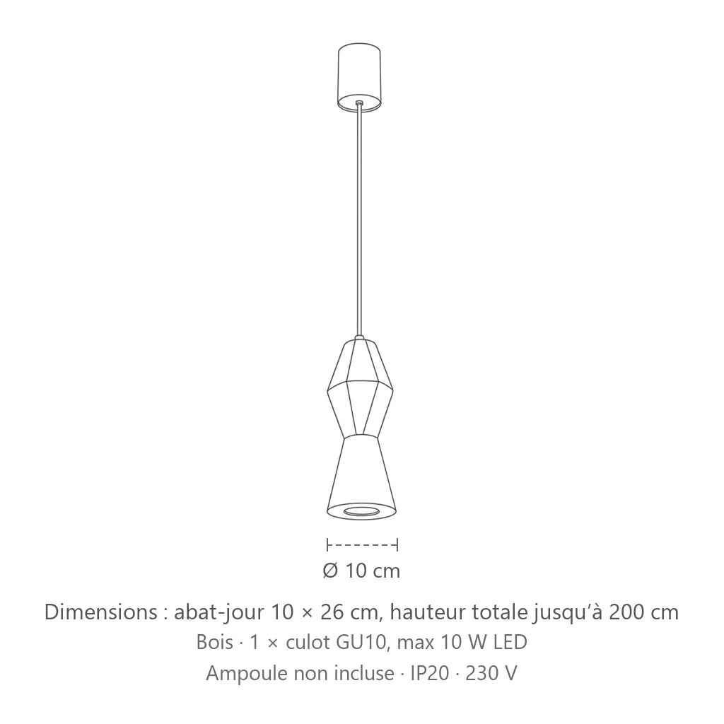 Dimensions : suspension en bois tourné (Rond – Ø 10 × 26 cm), abat-jour 10 × 26 cm, hauteur totale jusqu’à 200 cm