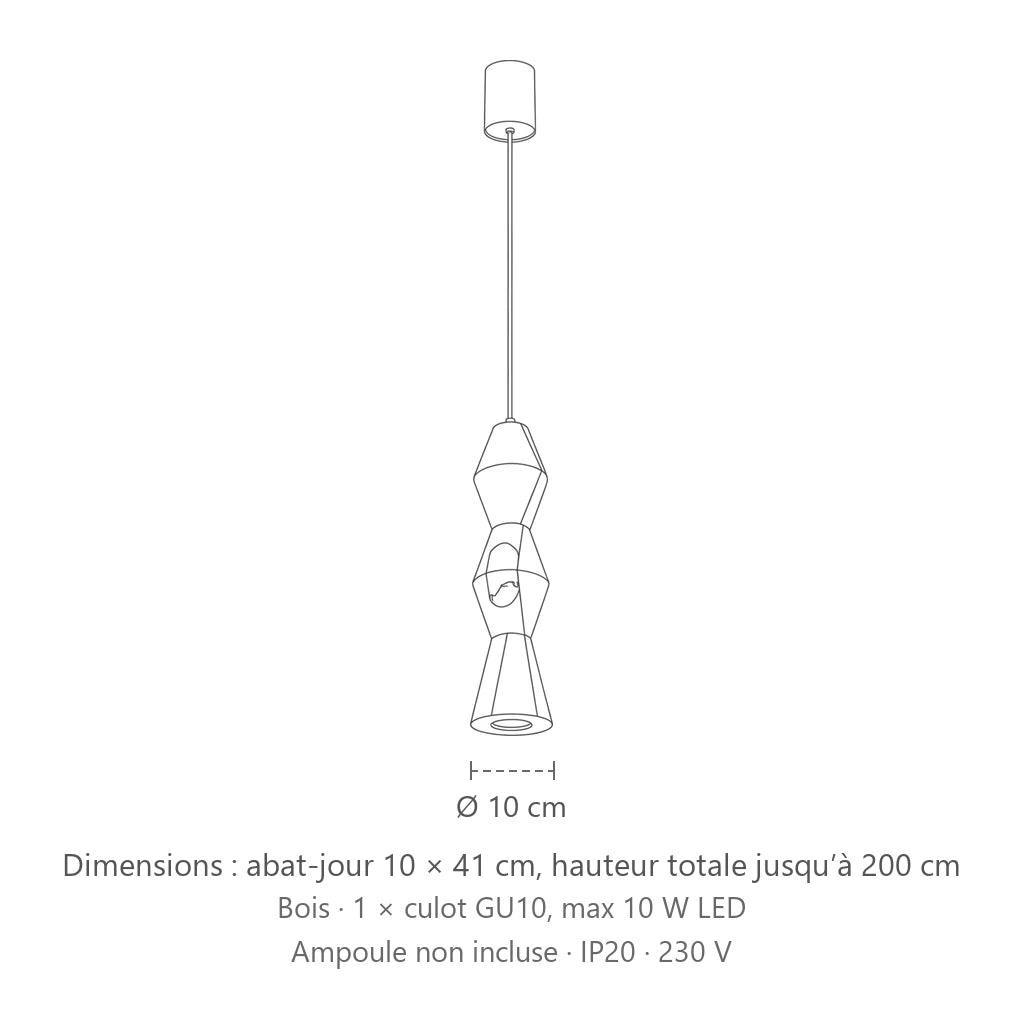 Dimensions : suspension en bois tourné (Rond – Ø 10 × 41 cm), abat-jour 10 × 41 cm, hauteur totale jusqu’à 200 cm