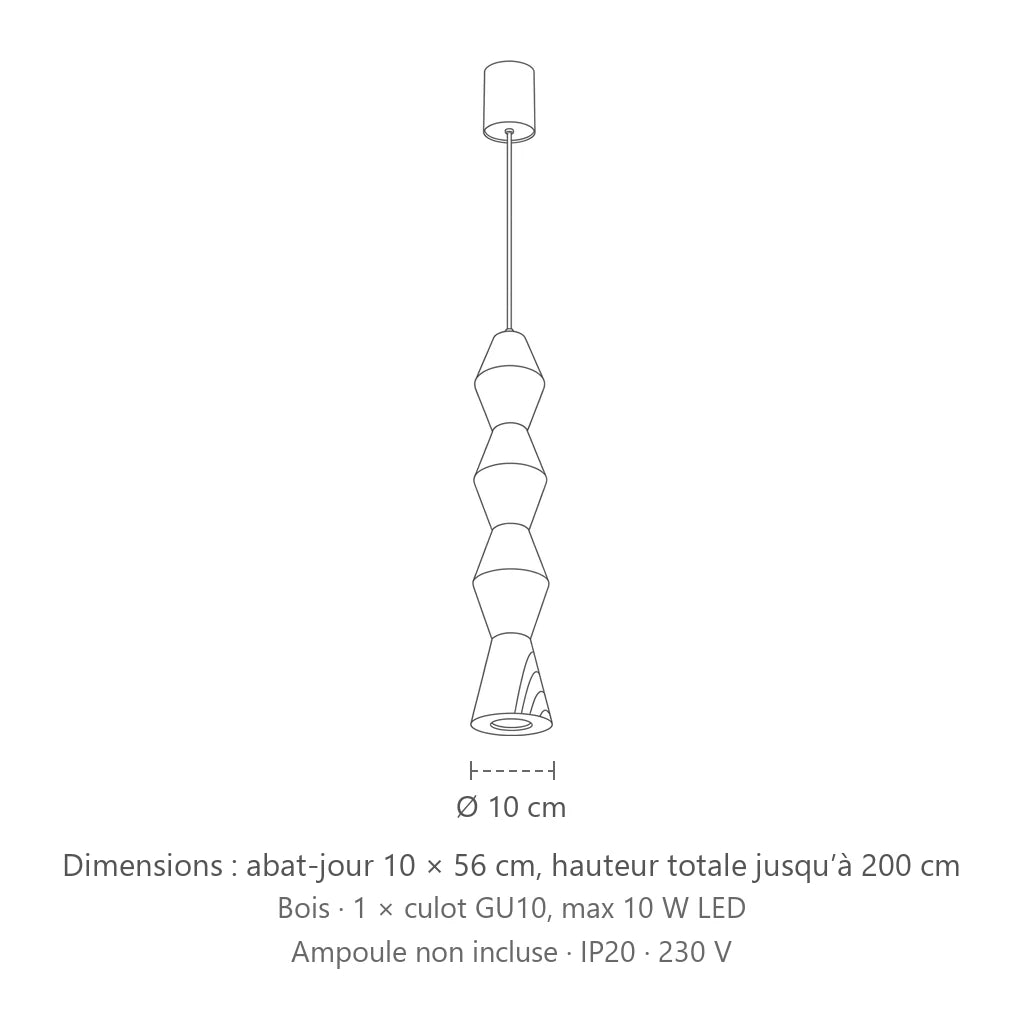 Dimensions : suspension en bois tourné (Rond – Ø 10 × 56 cm), abat-jour 10 × 56 cm, hauteur totale jusqu’à 200 cm