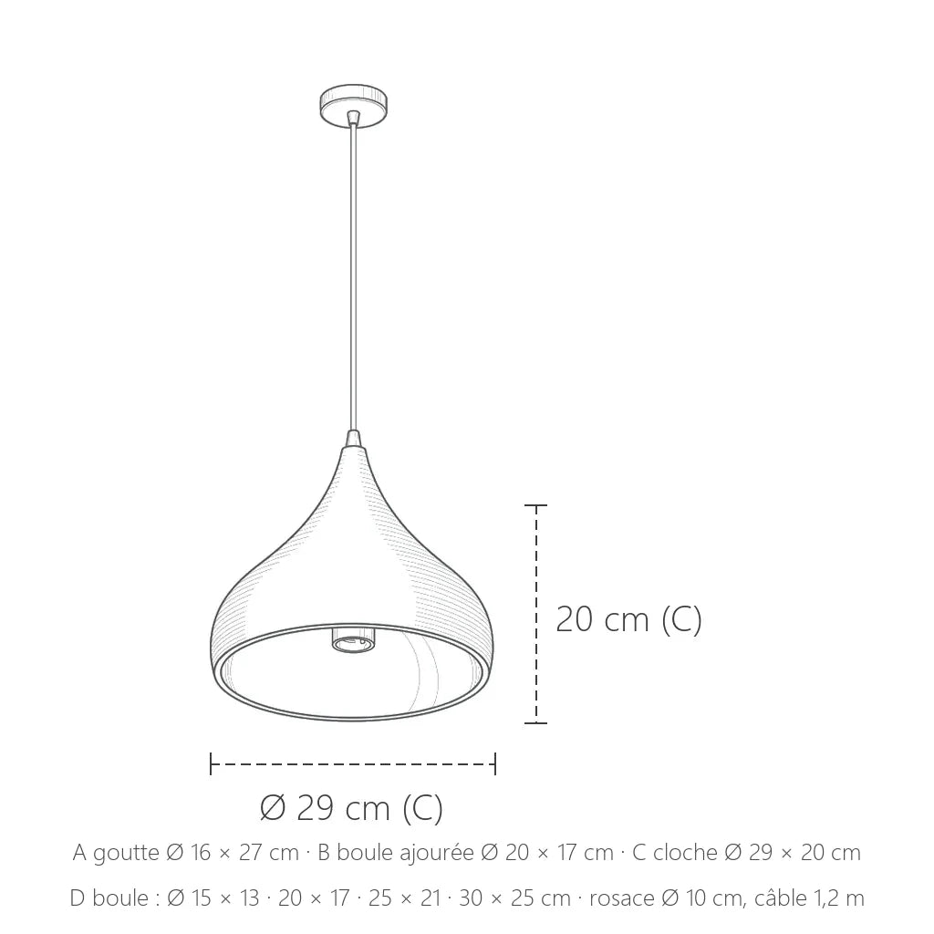 Dimensions des suspensions chromées effet miroir par modèle, cloche C : Ø 29 cm, hauteur 20 cm
