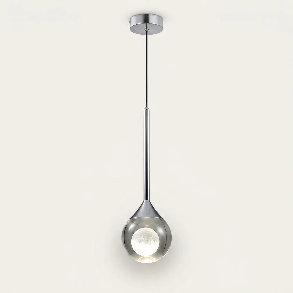 Suspension boule lune LED argent, globe acrylique transparent