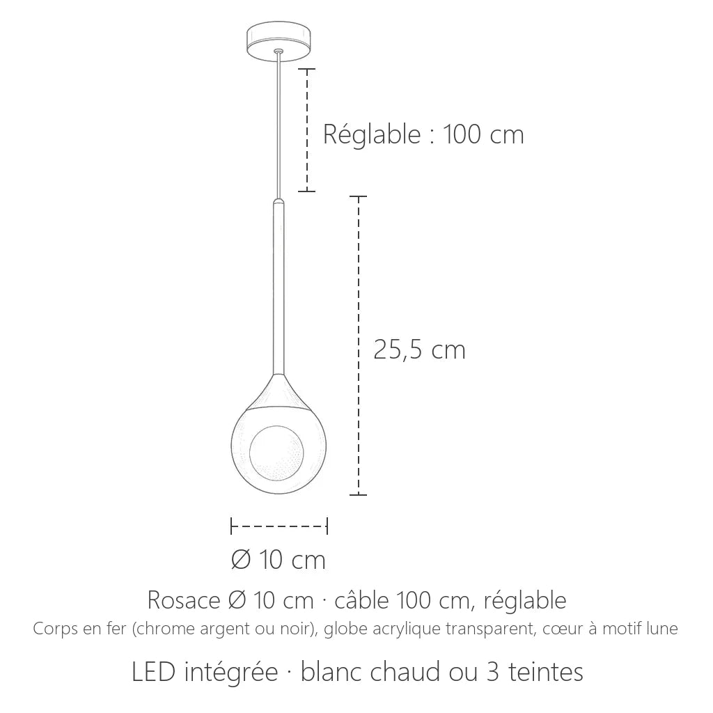 Dimensions de la suspension boule lune LED : Ø 10 cm, hauteur 25,5 cm