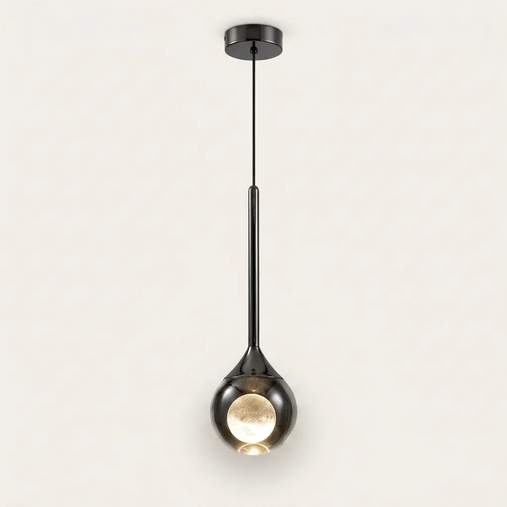 Suspension boule lune LED noire, globe acrylique transparent