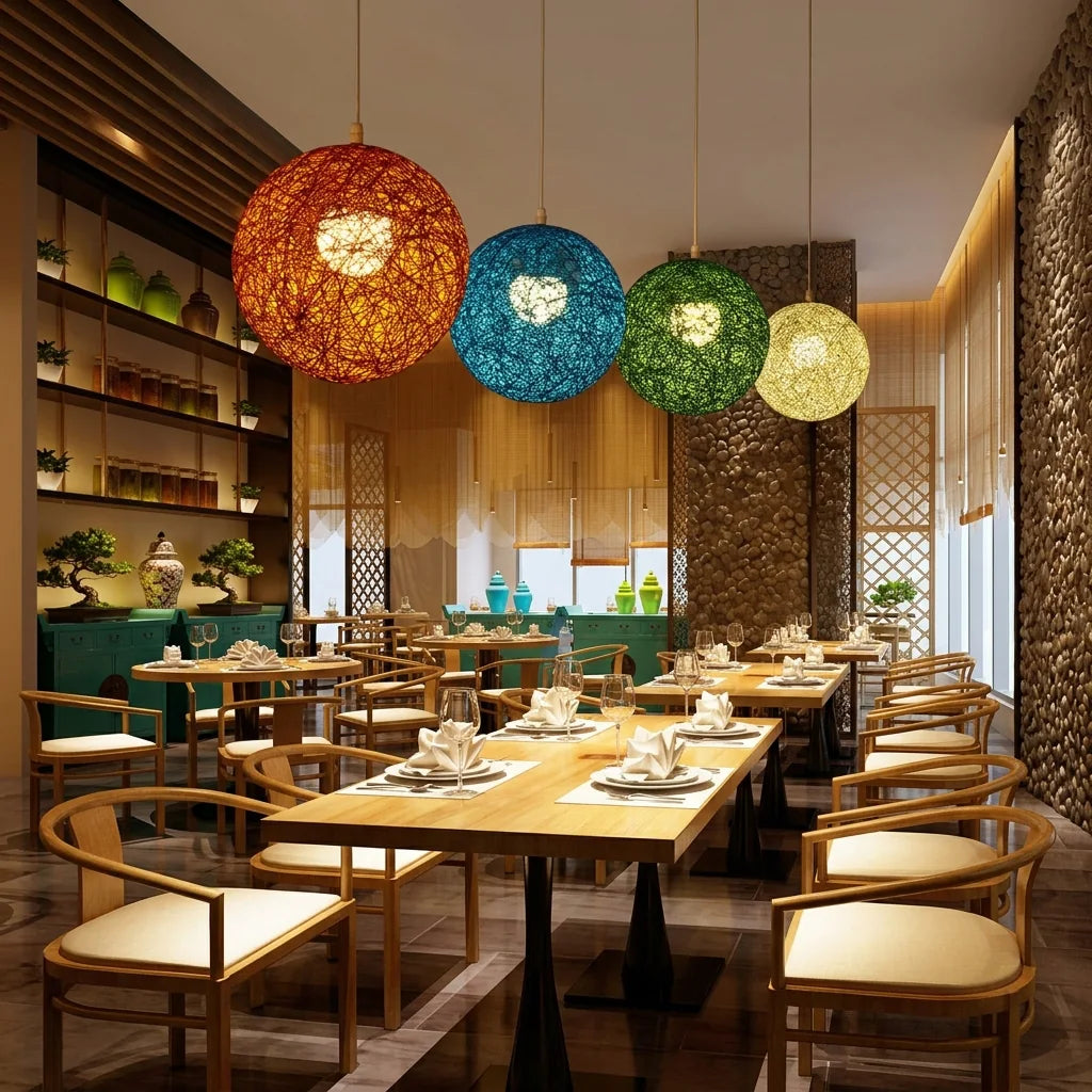 Boules en rotin colorées au-dessus des tables d’un restaurant