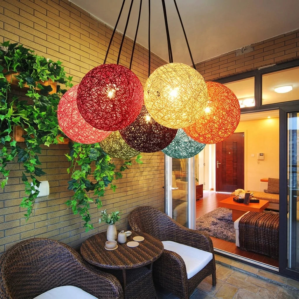 Grappe de boules en rotin sur une terrasse couverte