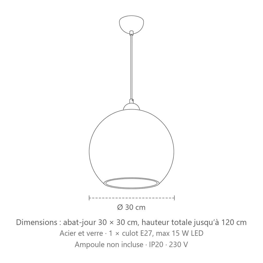 Dimensions : suspension boule en verre teinté ø 30 cm, abat-jour 30 × 30 cm, hauteur totale jusqu’à 120 cm