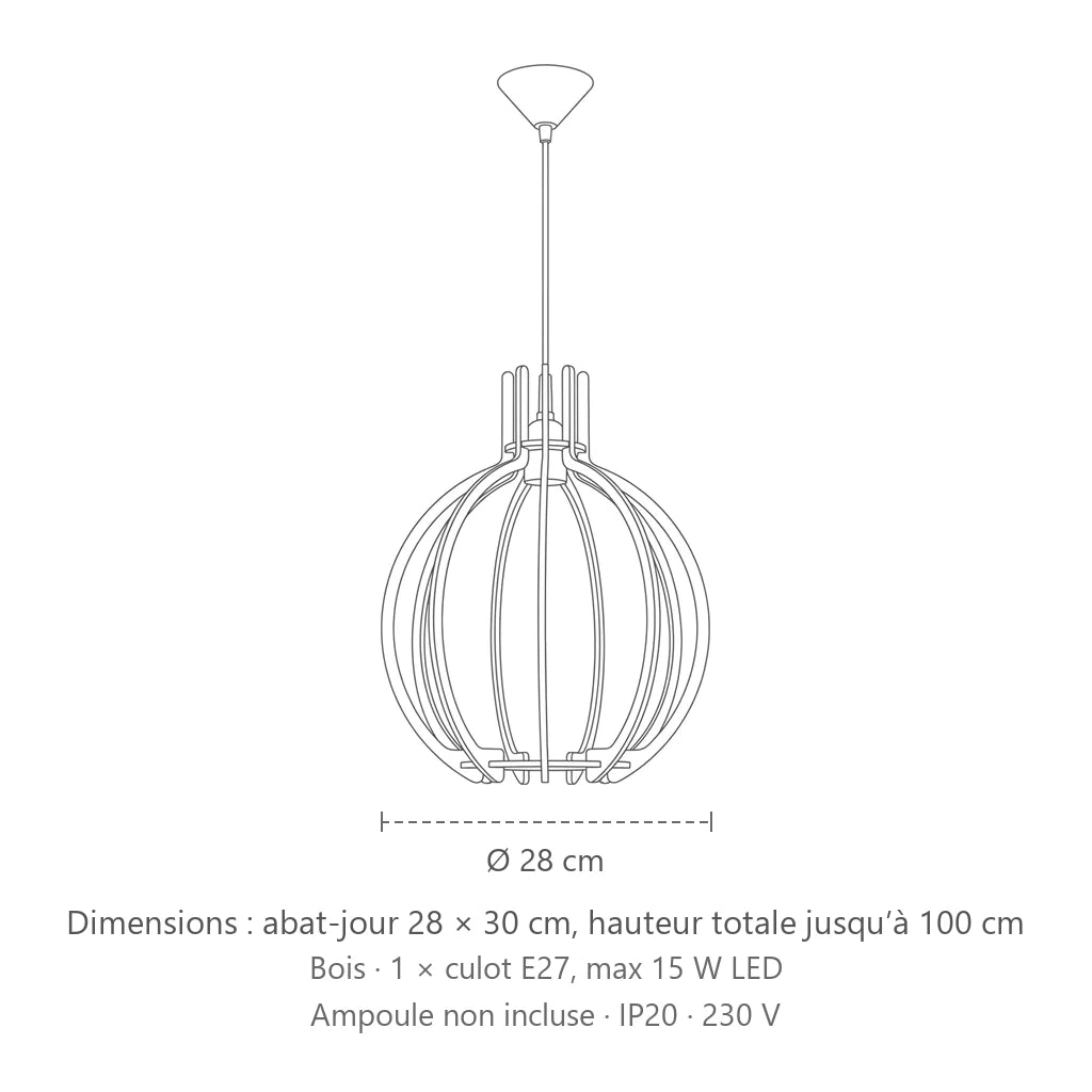 Dimensions : suspension cage en bois naturel, abat-jour 28 × 30 cm, hauteur totale jusqu’à 100 cm