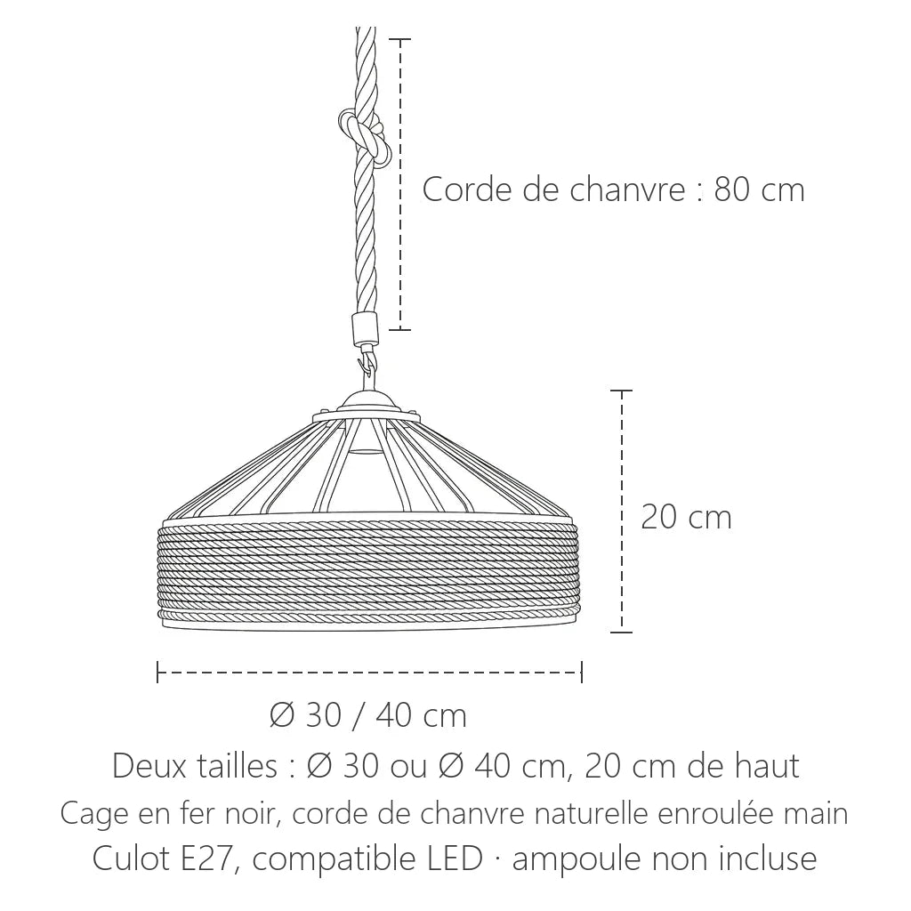 Dimensions de la suspension cage en corde de chanvre : Ø 30 ou 40 cm, 20 cm de haut