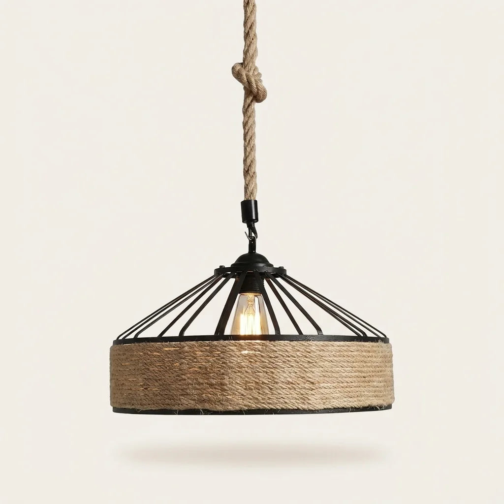 Suspension cage en fer noir et corde de chanvre enroulée