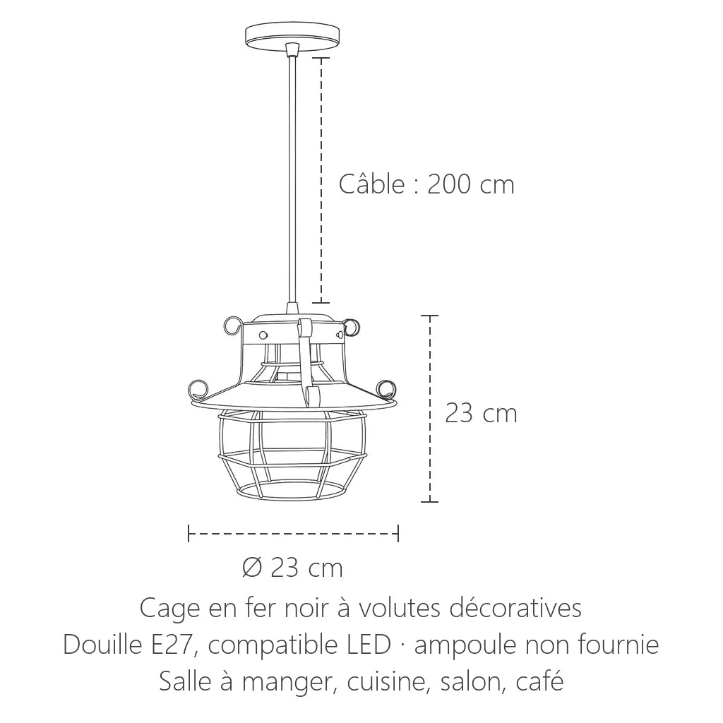 Dimensions de la suspension cage en fer noir : Ø 23 cm, hauteur 23 cm, câble 200 cm