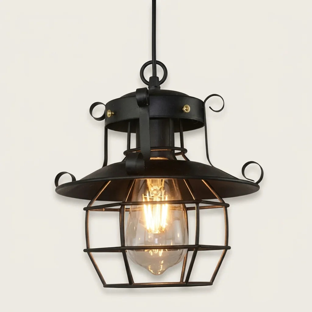 Suspension cage en fer noir avec ampoule Edison