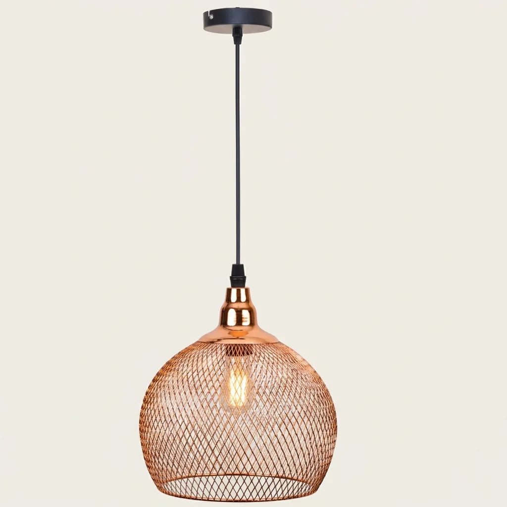 Suspension cage grillagée or rose avec ampoule à filament