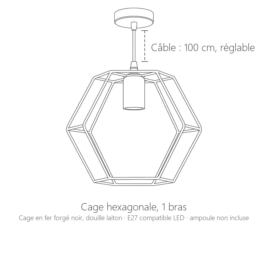 Dimensions de la suspension cage hexagonale, 1 lumière