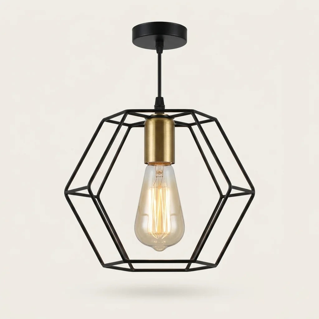 Suspension cage hexagonale en fer forgé noir, 1 lumière