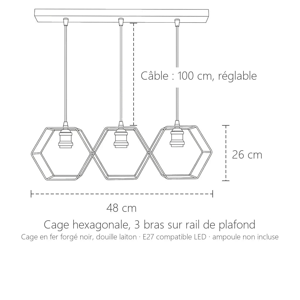 Dimensions de la suspension cage hexagonale, 3 lumières : 48 × 26 cm