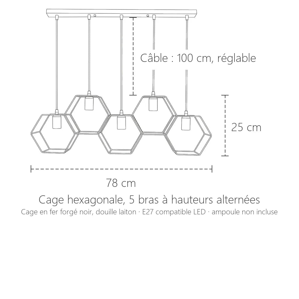 Dimensions de la suspension cage hexagonale, 5 lumières : 78 × 25 cm