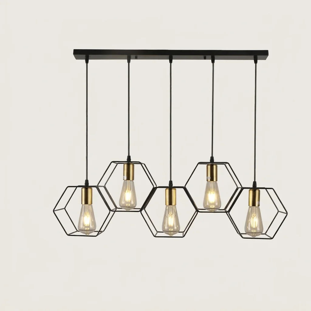 Suspension cinq cages hexagonales sur rail de plafond