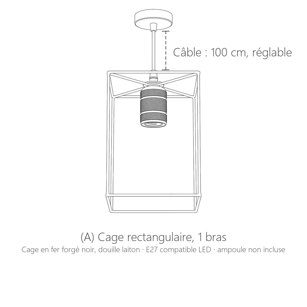 Dimensions de la suspension cage rectangulaire, 1 lumière