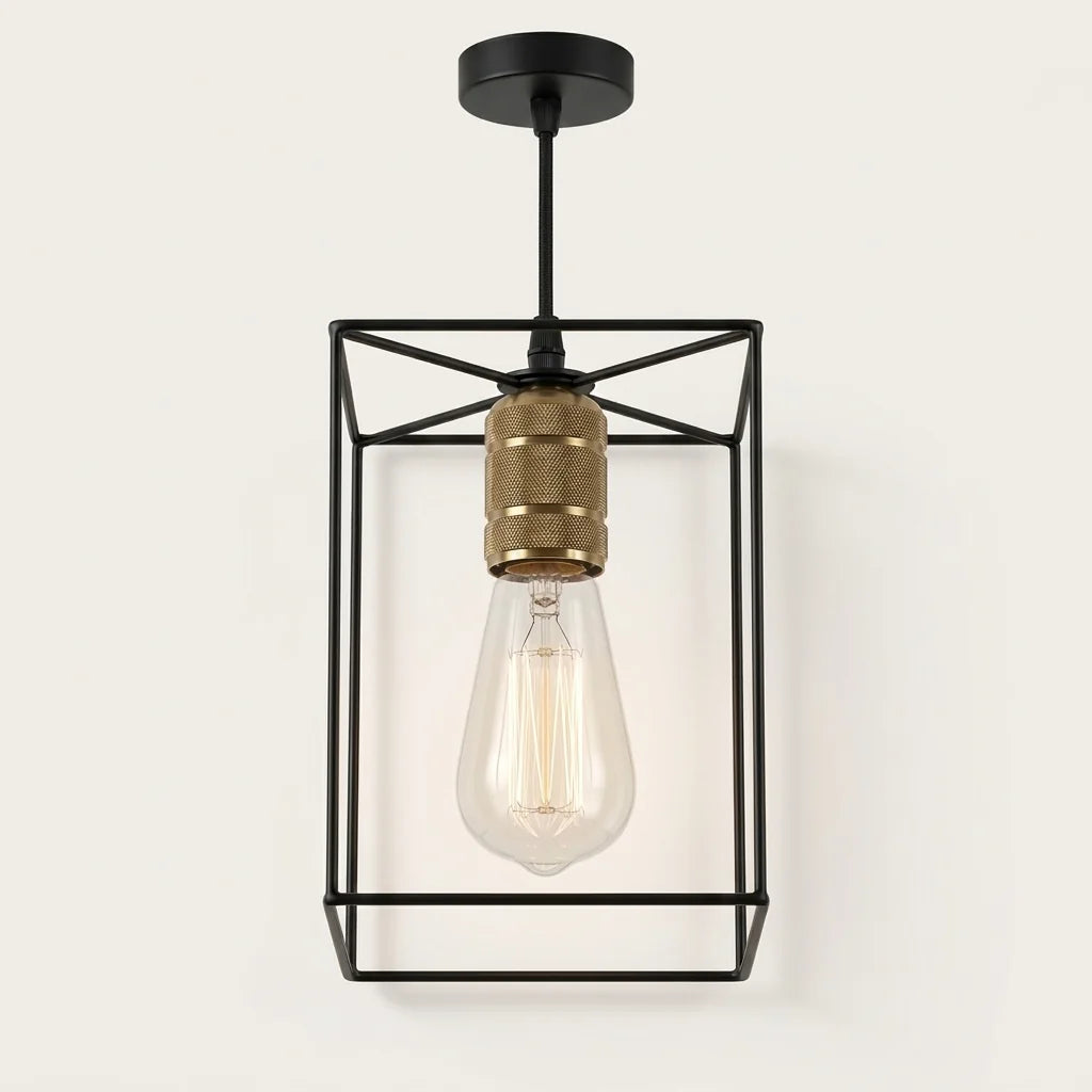 Suspension cage rectangulaire en fer forgé noir, 1 lumière