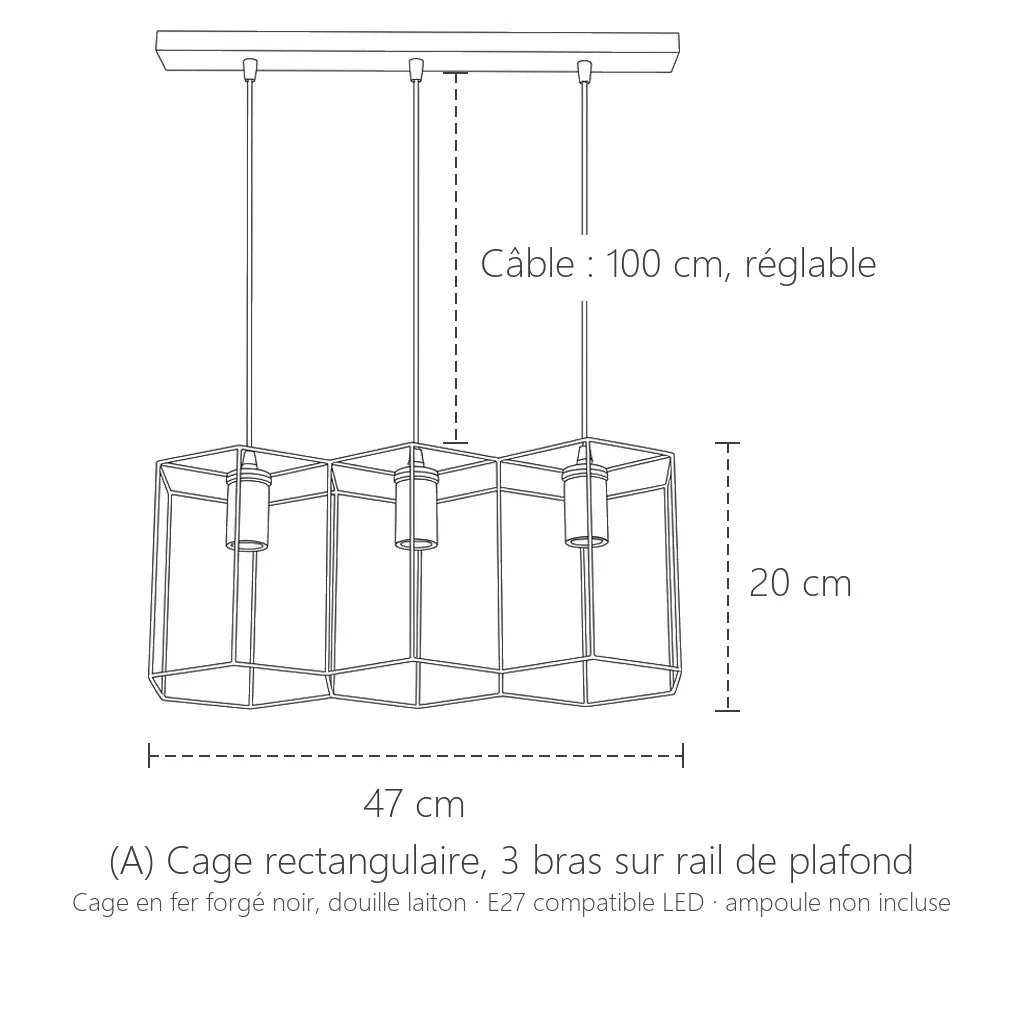 Dimensions de la suspension cage rectangulaire, 3 lumières : 47 × 20 cm