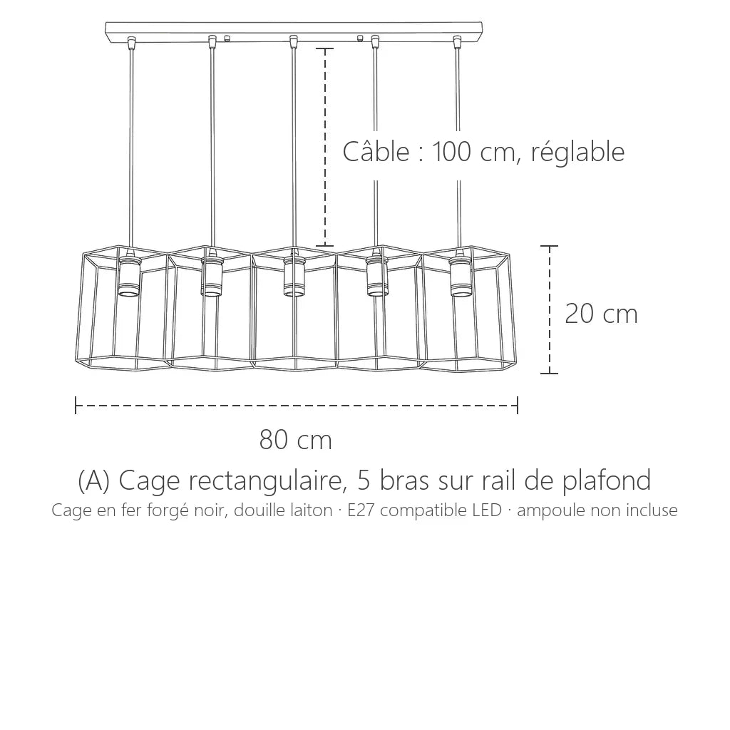 Dimensions de la suspension cage rectangulaire, 5 lumières : 80 × 20 cm