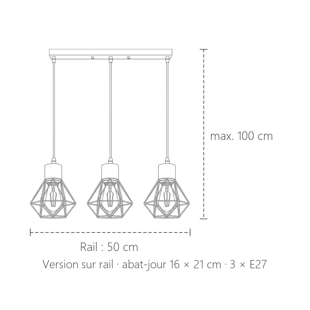 Dimensions de la version sur rail : rail 50 cm, abat-jour 16 × 21 cm
