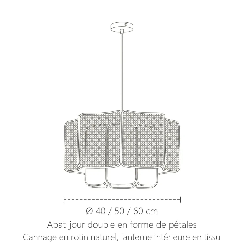 Dimensions de la suspension en cannage à pétales : Ø 40, 50 ou 60 cm
