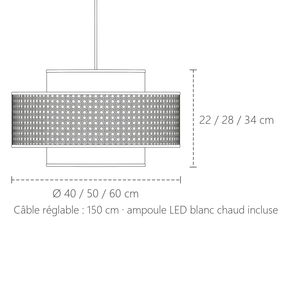 Dimensions de la suspension cannage et tissu : Ø 40, 50 ou 60 cm