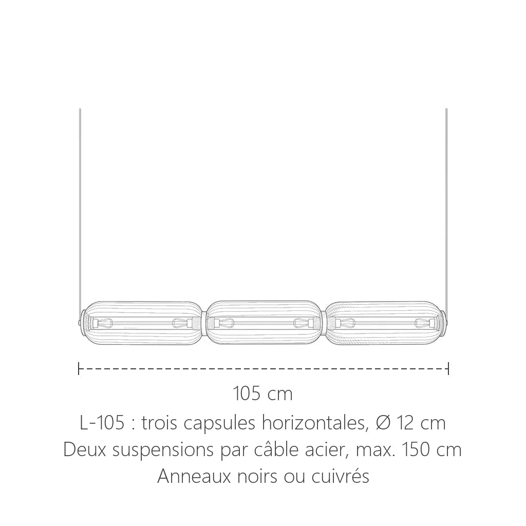Dimensions de la suspension trois capsules horizontales : 105 cm