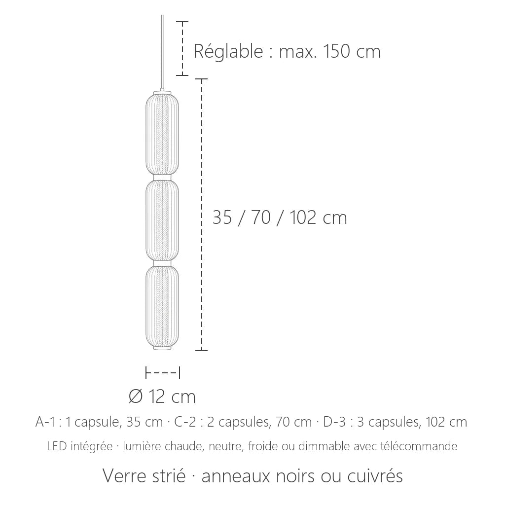 Dimensions de la suspension capsules en verre strié : Ø 12 cm, 35, 70 ou 102 cm