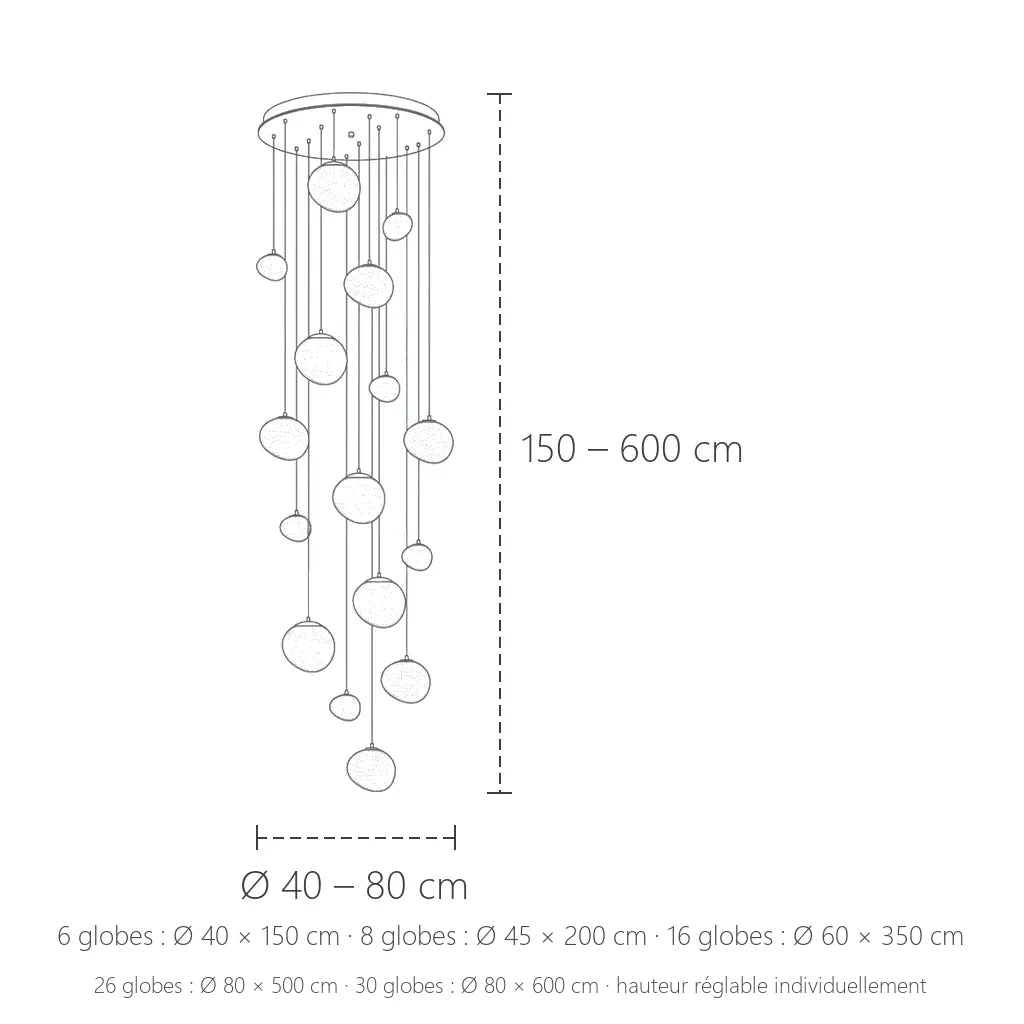 Dimensions de la suspension cascade à galets opalins : Ø 40 à 80 cm, hauteur 150 à 600 cm
