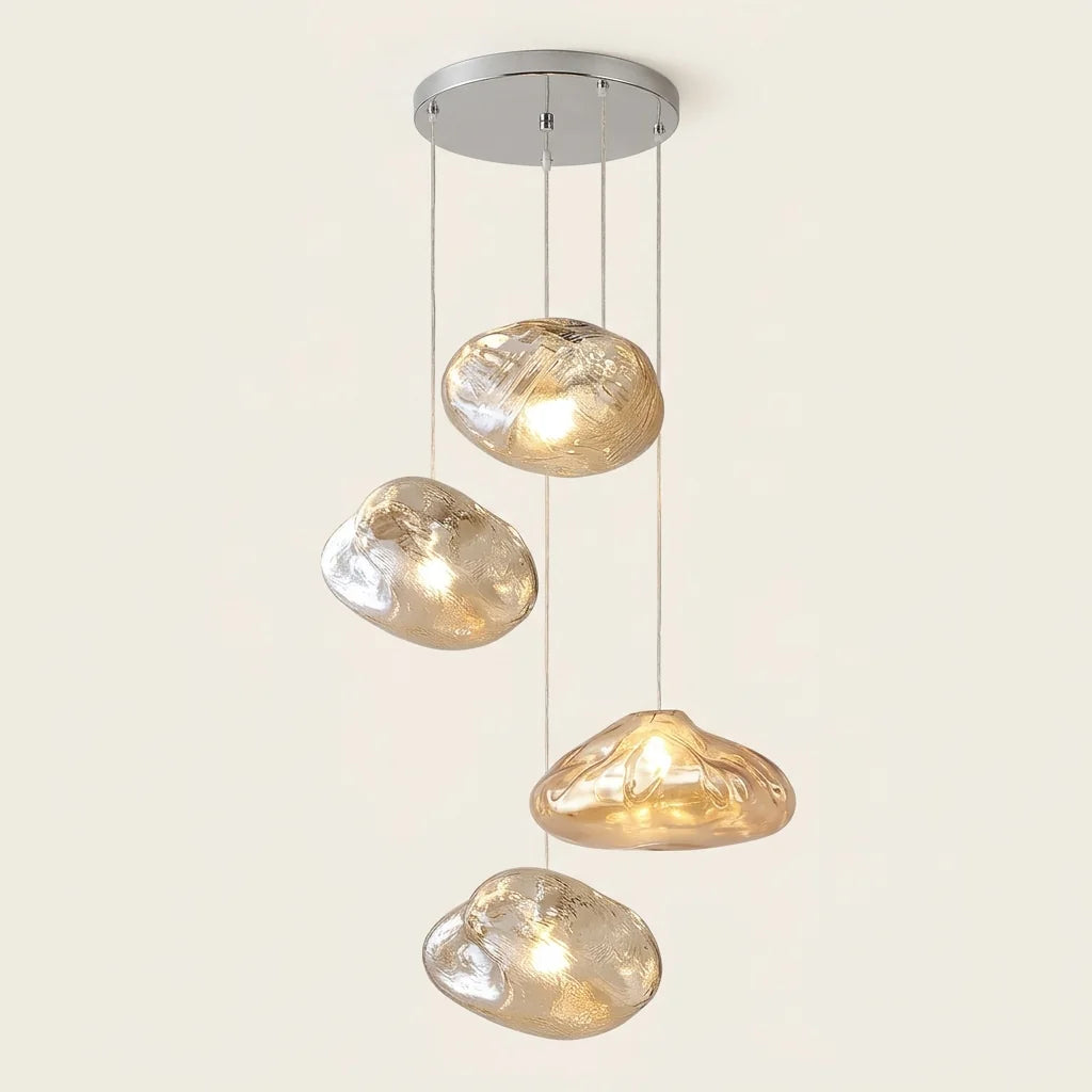 Suspension cascade à globes en verre froissé, lumière chaude