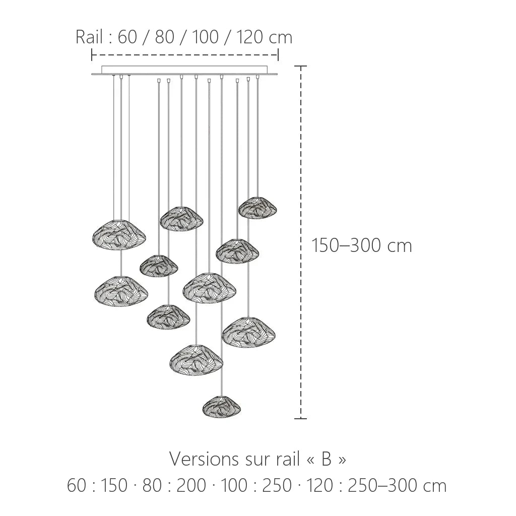 Dimensions des suspensions cascade sur rail : 60 à 120 cm, hauteur 150 à 300 cm