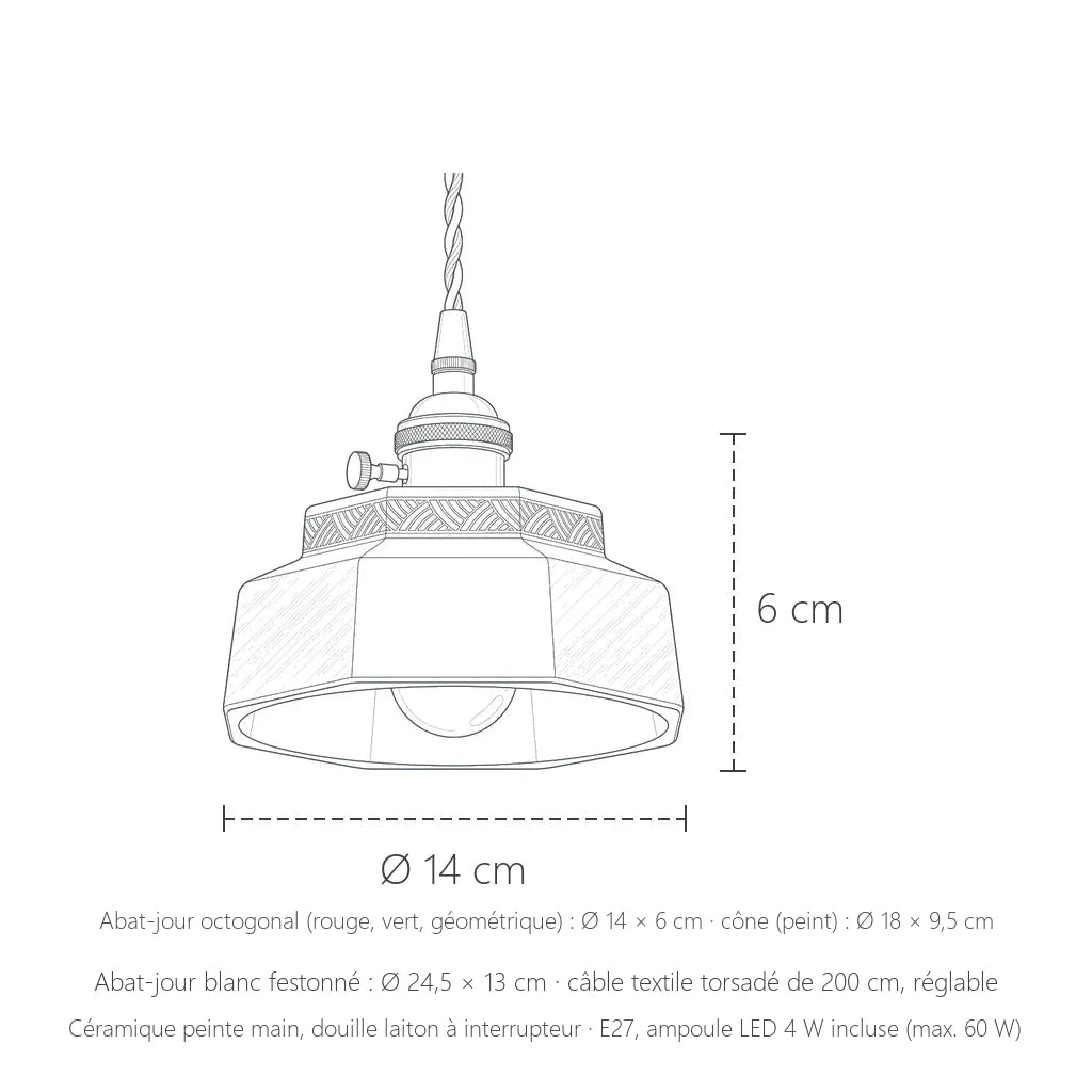 Dimensions de la suspension en céramique peinte main selon le modèle
