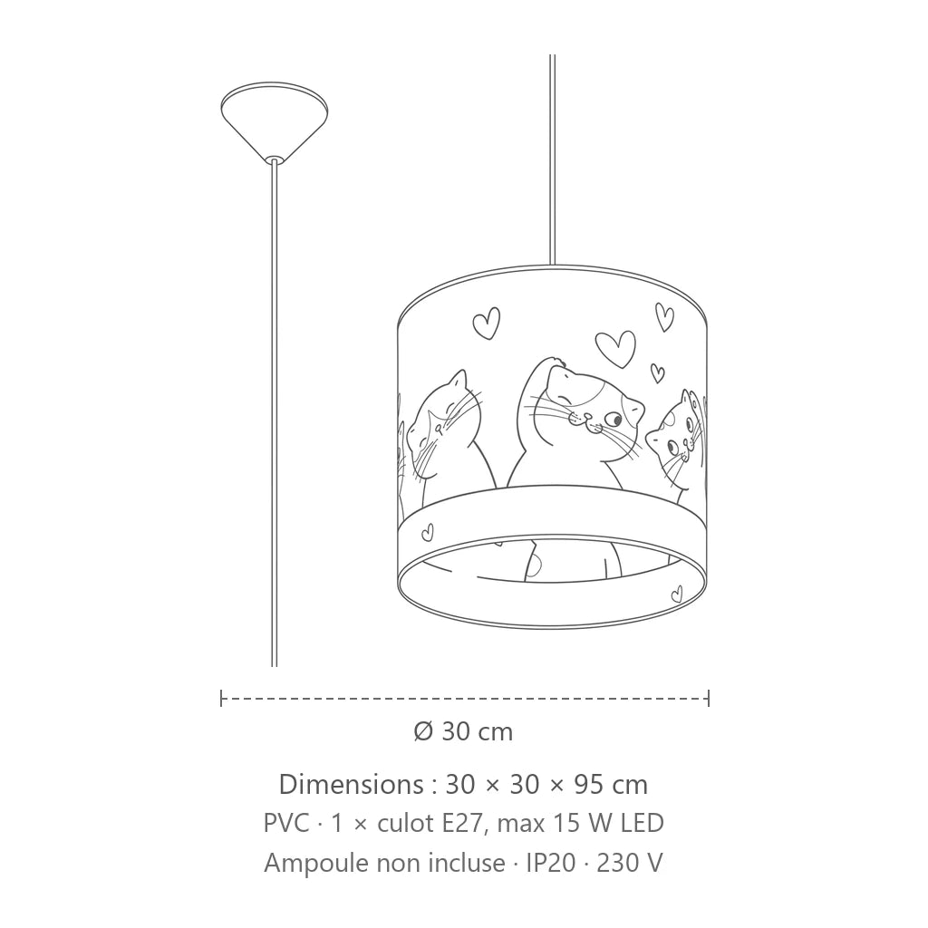 Dimensions : suspension chambre d’enfant motif chatons (Ø 30 cm), 30 × 30 × 95 cm